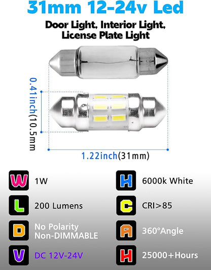 DC12V-24V White 31mm DE3175 LED Festoon Bulbs 1.2in, 200lm Super Bright Dome Light Bulbs, Led Interior Car License Plate Dome Map Door Trunk Lights Replace for 3175 DE3021 3022 3021, Pack of 2