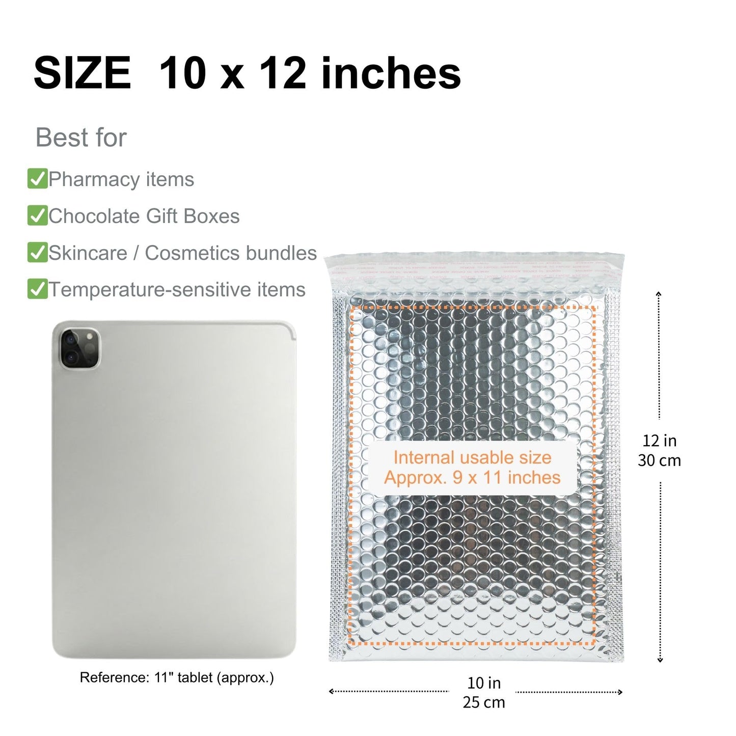 50 Pack 10x12 Inch Thermal Insulated Bubble Mailers for Cold Shipping, Metallic Silver Foil Padded Envelopes, Self-Seal Water-Resistant Cushioned Shipping Bags