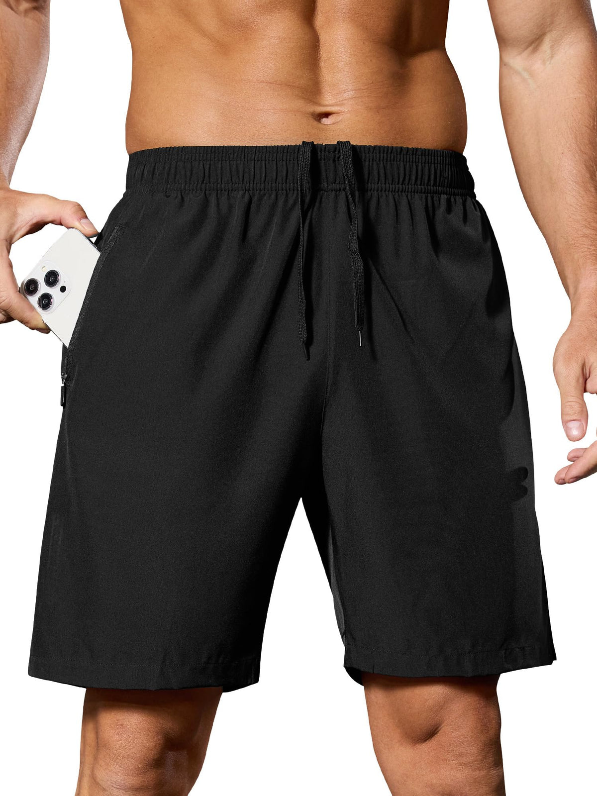SILKWORLD Men's 7" Running Shorts Quick Dry Athletic Workout Gym Shorts with Zipper Pockets, Black, Large