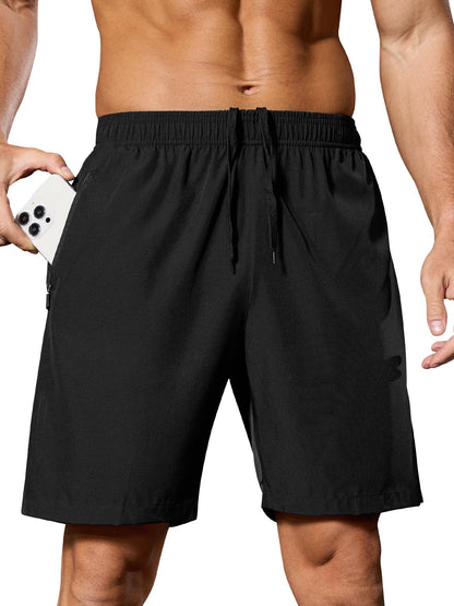SILKWORLD Men's 7" Running Shorts Quick Dry Athletic Workout Gym Shorts with Zipper Pockets, Black, Large