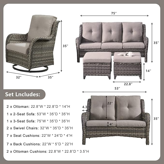 Rilyson Wicker Patio Furniture Set - 6 Piece Rattan Outdoor Sectional Conversation Sets with 2 Rocking Swivel Chairs,2 Ottomans,1 Sofa and 1 Loveseat for Porch Deck Garden(Mixed Grey/Grey)