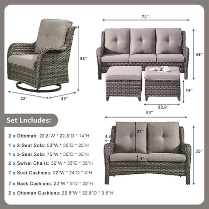 Rilyson Wicker Patio Furniture Set - 6 Piece Rattan Outdoor Sectional Conversation Sets with 2 Rocking Swivel Chairs,2 Ottomans,1 Sofa and 1 Loveseat for Porch Deck Garden(Mixed Grey/Grey)