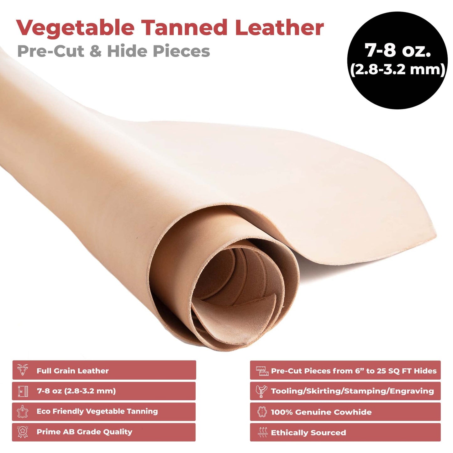 ELW 7-8 oz.(3-3.2 mm) Thickness Pre-Cut Square 2 PCS 12"x24", Tooling Leather Vegetable Tanned Full Grain Leather - Cowhide Leathercraft for Holsters Knife Sheaths Coasters Molding Emboss Stamp Cases