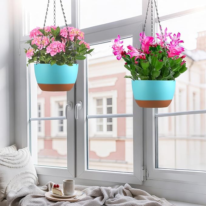 Set of 2 10 Inch Self Watering Hanging Planters for Indoor Outdoor Plants, Color Blocking Hanging Baskets Flower Pots with Drainage Hole & Removable Water-Storage Tray and 20" Chain Hanger