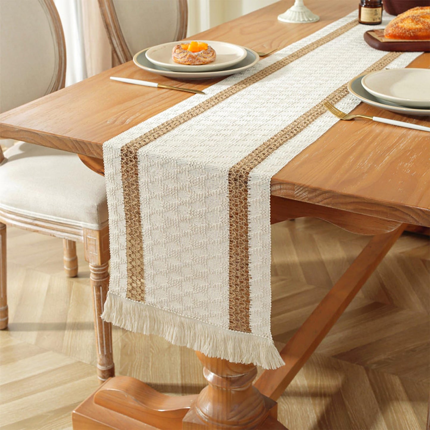 Niviy Boho Table Runner 108 Inches Long Summer Farmhouse Macrame Table Runner Cotton Linen Woven Table Runners for Fall Dining Table Home Decor, Beige & Brown