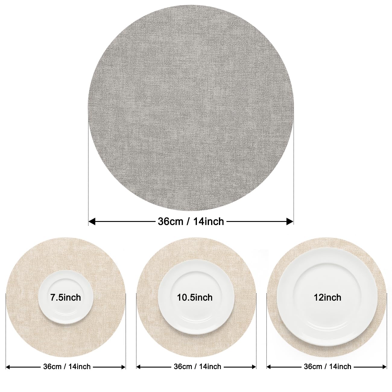 Myir JUN Reversible Vinyl Round Placemats Set of 8, Faux Leather Place Mats Dual Sided Waterproof Wipeable, Heat-Resistant Table Mats for Kitchen Dining Indoor Outdoor (14", Light Gray Cream-White)