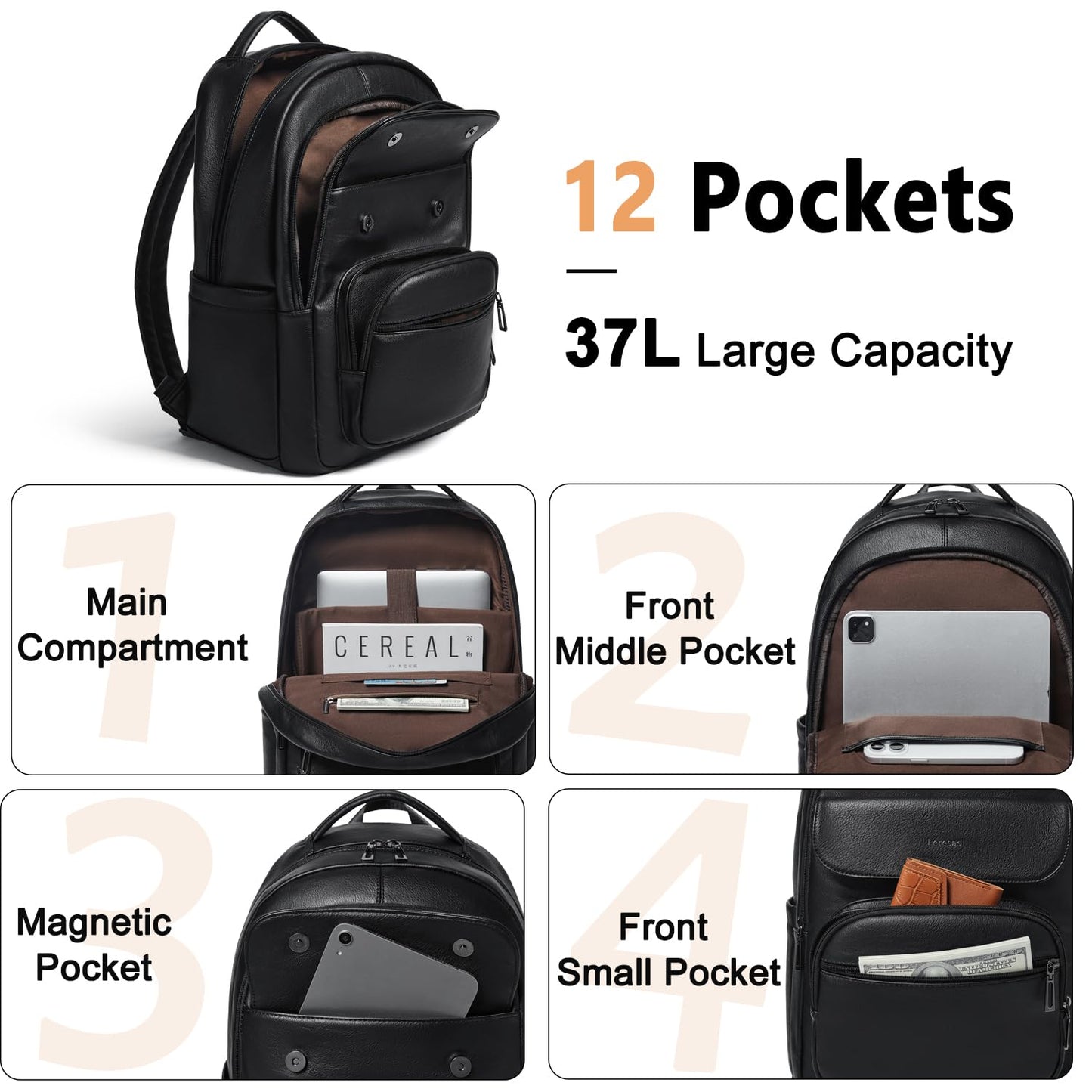 Leresas 37L Backpack Purse for Women Mens Work Travel Teacher Back Pack Laptop Business Vegan Leather Backpack Fashion College Computer Bag Black
