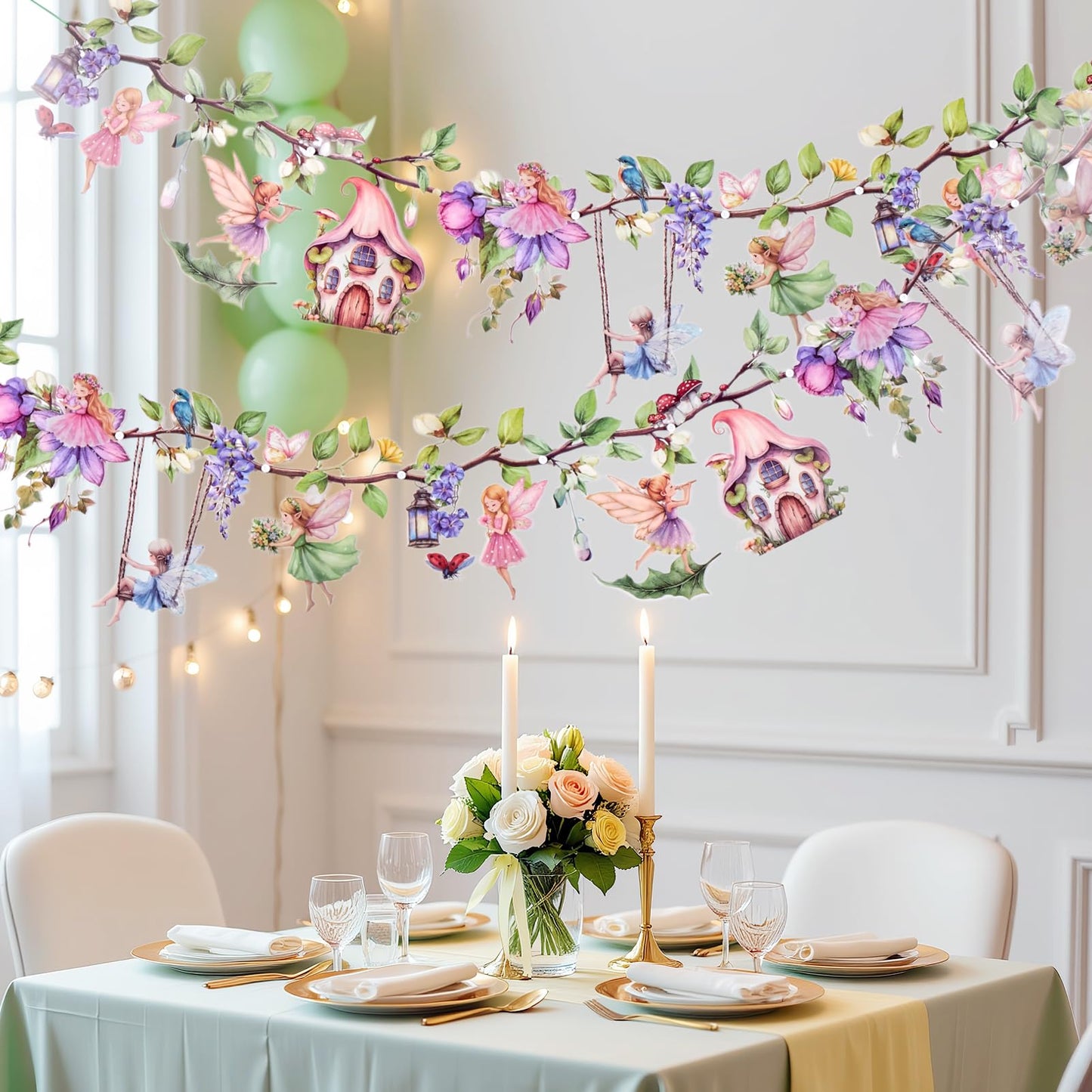 OBBOLO Fairy Party Decorations, Fairy Décor, Flower Banner for Fairy Birthday, Girls Baby Shower, First Birthday, Garden Party Celebration, Outdoor Indoor Fairy Tale Decorations