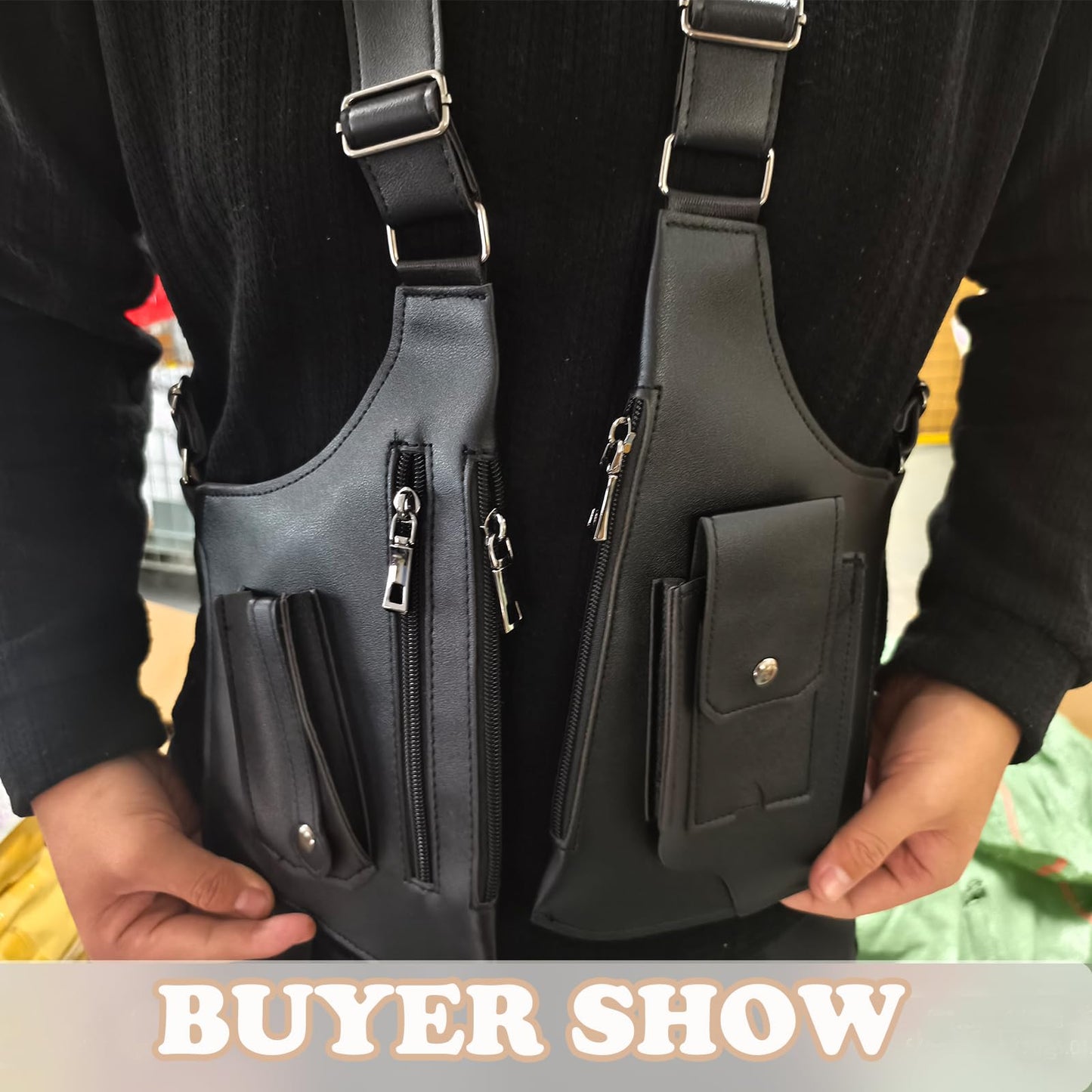 YQCBSU Men's Double Shoulder Armpit Bag, Premium Leather Underarm Anti-Theft Hidden Wallet Pocket, Adjustable & Vintage Style Tactical Crossbody Chest Bag for Commute/Hiking/Cycling, Black