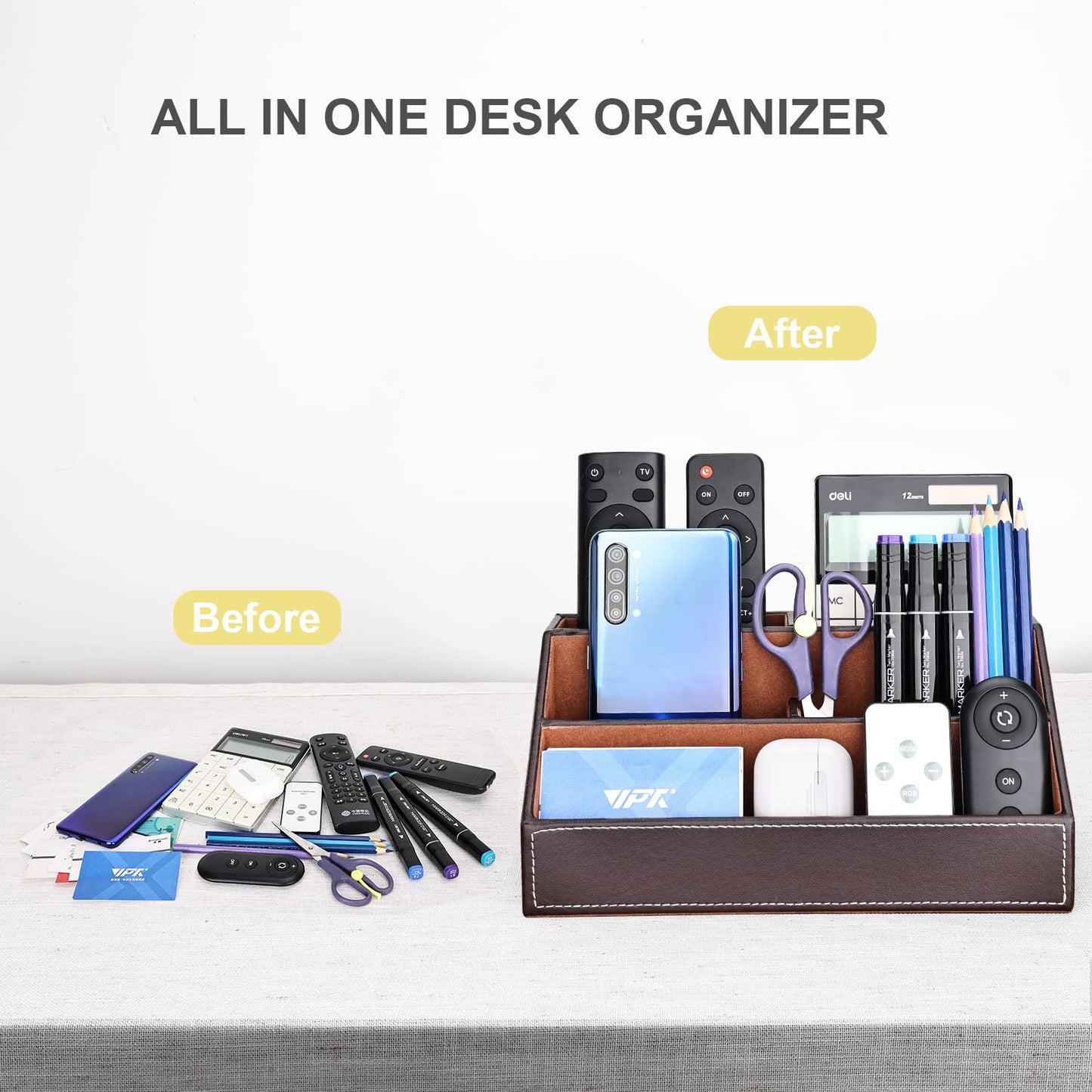KINGFOM Pu Leather Desk Organizer with 5 Compartments Holder, Multi-Functional Office Supplies Storage Caddy for Pen/Pencil, Phones, Remote Controller and Desktop Accessorie Brown