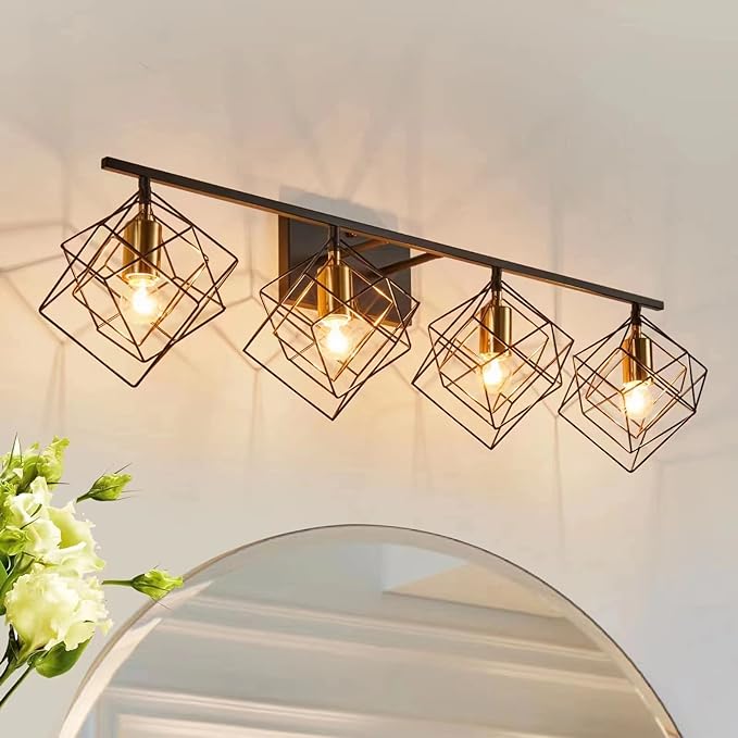 4 Light Vanity Light for Bathroom,Bathroom Light Fixtures Over Mirror with Rotatable 4 Cube Shades, Modern Wall Mounted Lights Matte Black,Industrial Black Vanity Light for Hallway Living Room