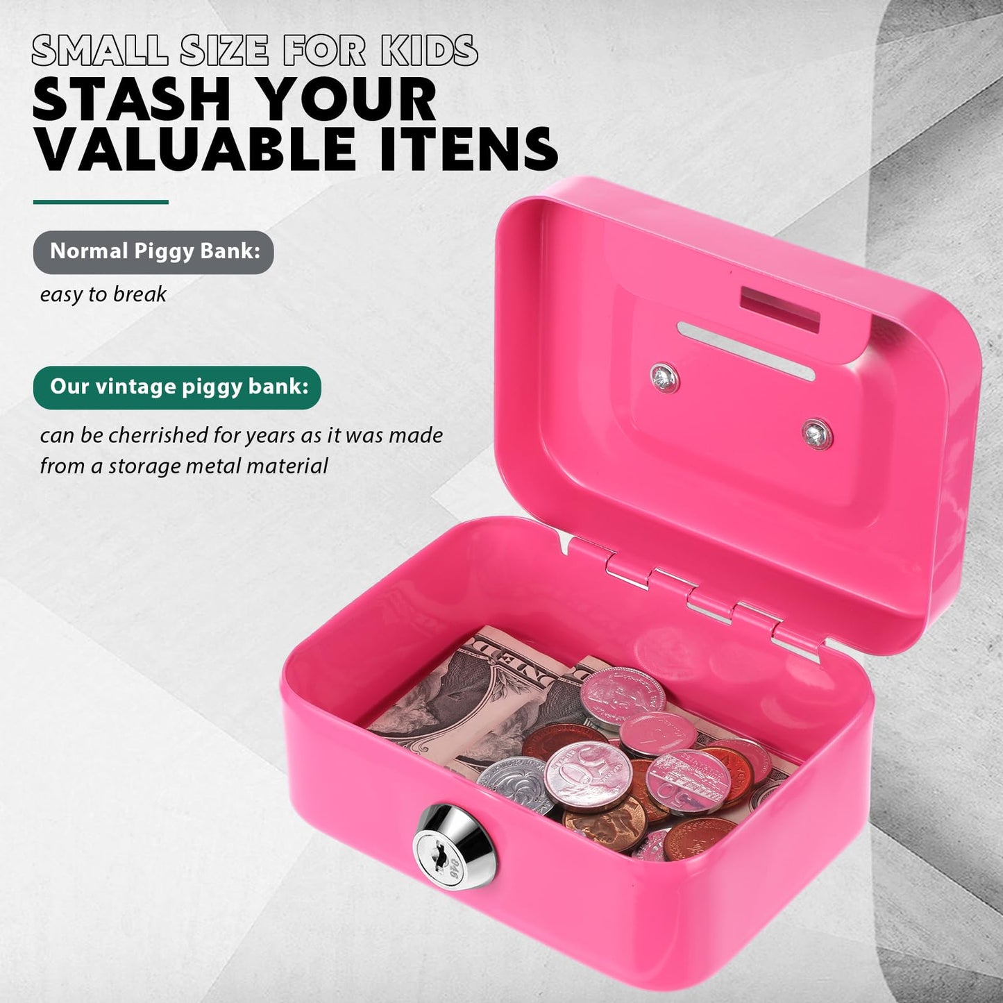 Tandefio 4 Pieces Small Money Box with Lock Metal Cash Box Piggy Bank with Lock and Slot 4.5 x 3.3 x 2 Inch Metal Coin Bank Gifts for Christmas New Year, Without Money Tray(Black, Green, Gray, Pink)
