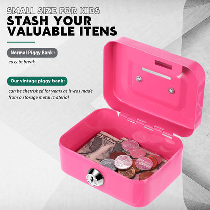 Tandefio 4 Pieces Small Money Box with Lock Metal Cash Box Piggy Bank with Lock and Slot 4.5 x 3.3 x 2 Inch Metal Coin Bank Gifts for Christmas New Year, Without Money Tray(Black, Green, Gray, Pink)