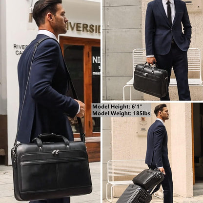 Masa Kawa Leather Briefcase for Men 17 Inch Laptop Crossbody Shoulder Messenger Office Bag Black Attache Case Handbag for Business Travel Work Lawyer Large