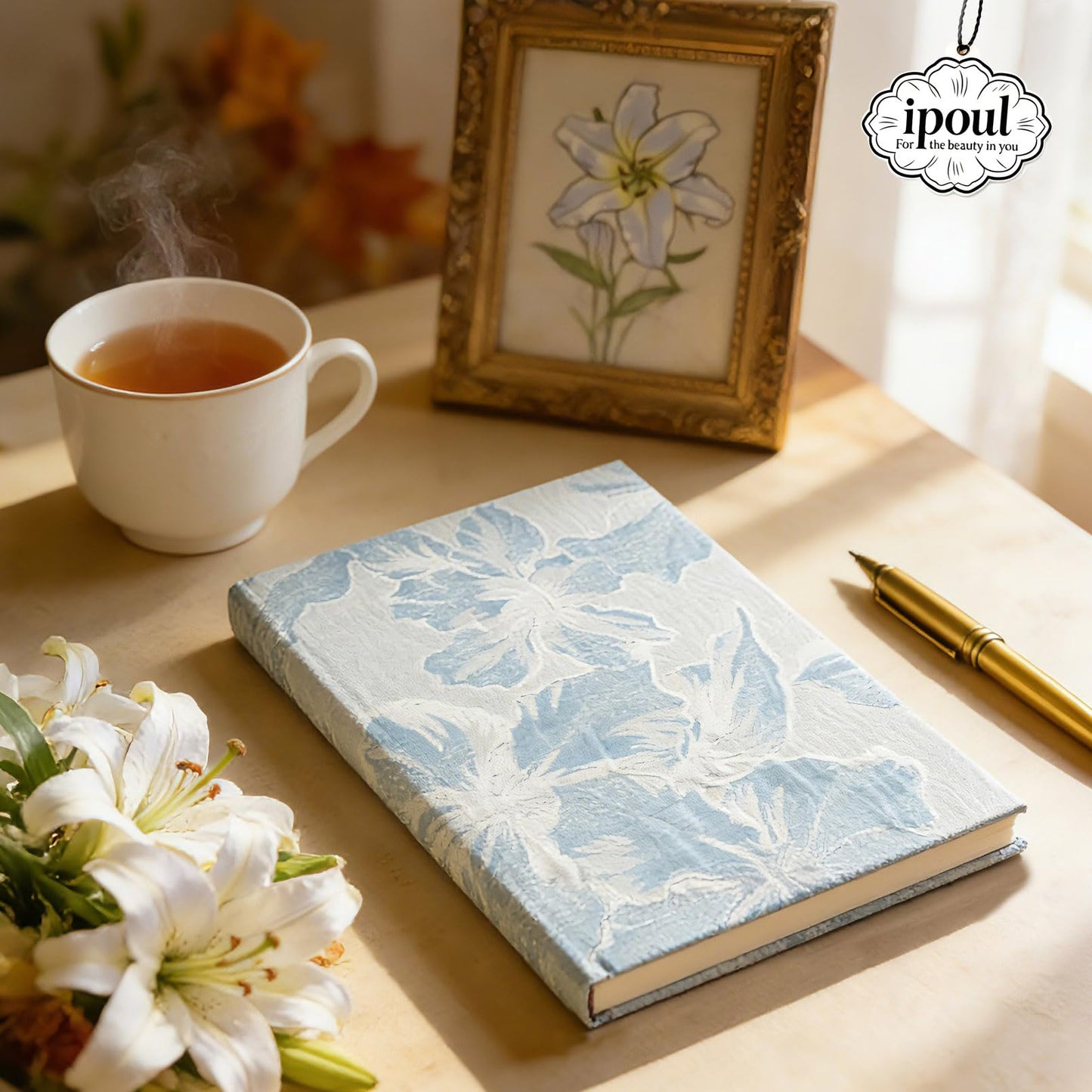 ipoul Hardcover Journal, Flower Notebook, A5, 6x8, Lined Pages, Lay-flat, Beautiful Journal for Women, Lily Flower, Blue Journal for Writing, Personal Notebook, Dream Journal, Self Care Journal