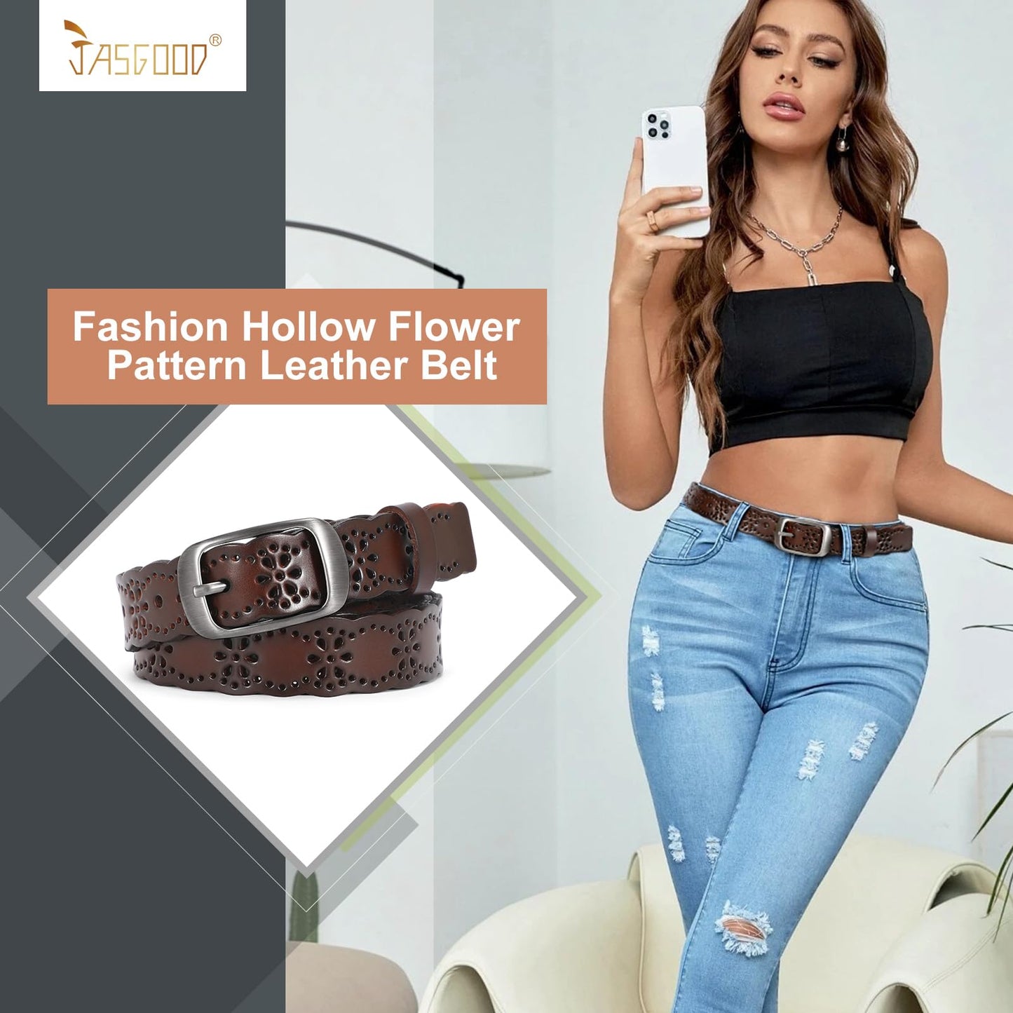 JASGOOD Women Hollow Flower Leather Belt for Jeans Pants Soft Leather Belt with Solid Pin Buckle(Coffee, Fit Waist Size 29-32 Inches)