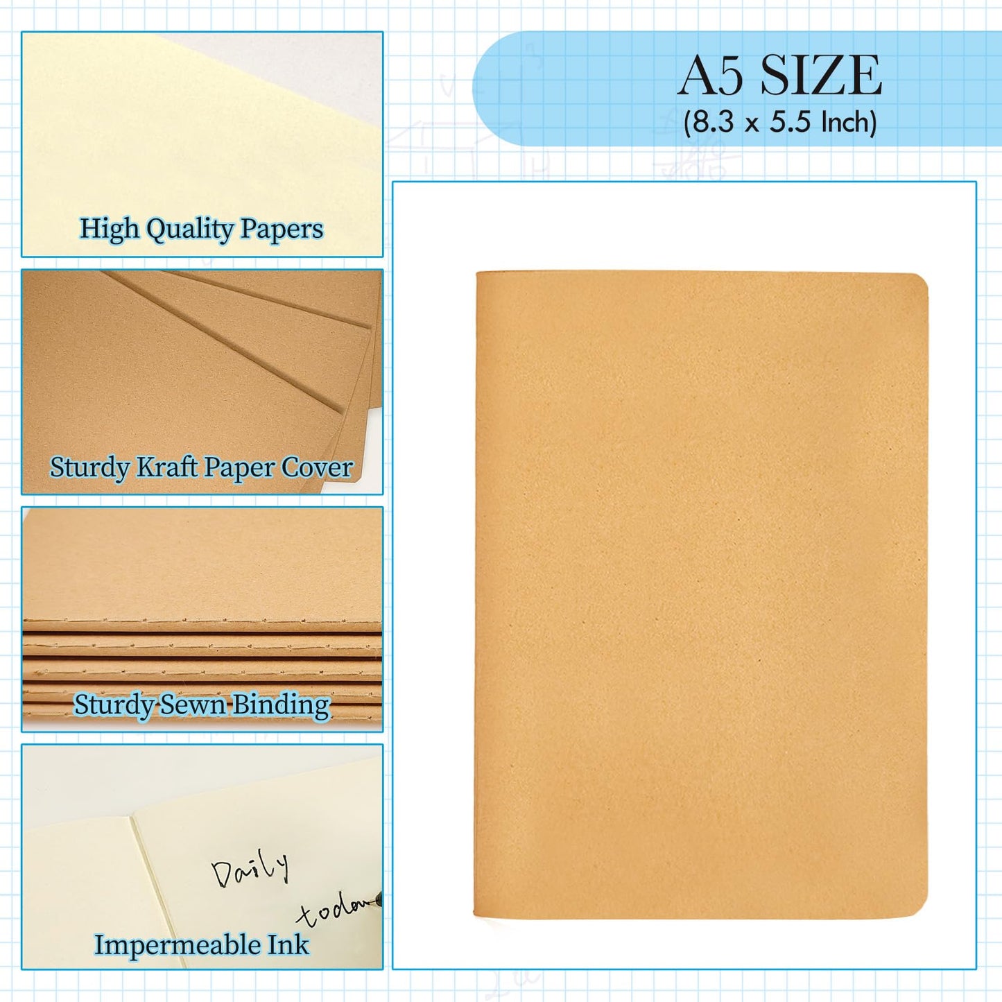 YUQILIN 100 Pack Notebooks Bulk, Journaling Kraft Notebooks 5.5 x 8.3 A5 Softcover Notebook for Travelers Students Office Writing Sketch Travel Journal Notepad with 72 Pages 36 Sheets (Brown-Unlined)