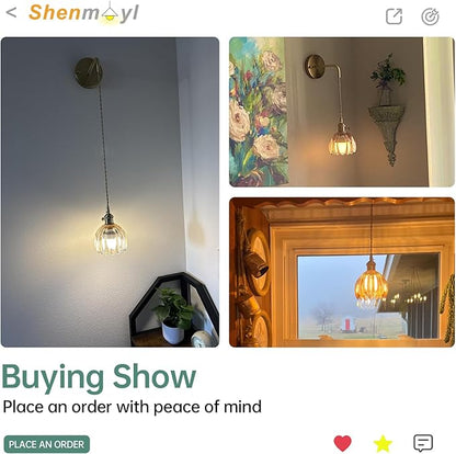 Battery Operated Wall Sconce with Amber Tulip Shade Pattern Glass Adjustable Chain Retro Gold Wall Mounted Light, Modern Wall Lamp Fixtures Decor for Bedside Bedroom Indoor Doorway