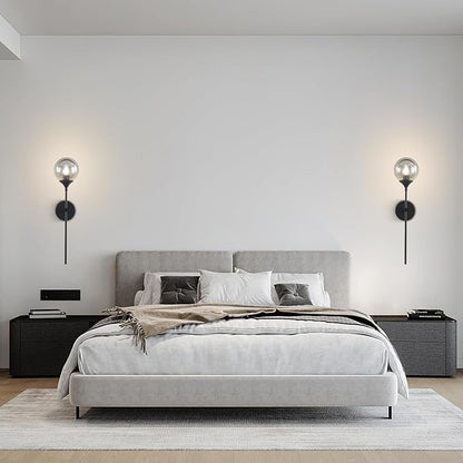 KCO Lighting 1-Light Matte Black Mid Century Wall Sconce Set of Two Modern Bathroom Vanity Globe Wall Light Set of 2 Vintage Smoke Gray Glass Wall Bedroom Wall Lamp
