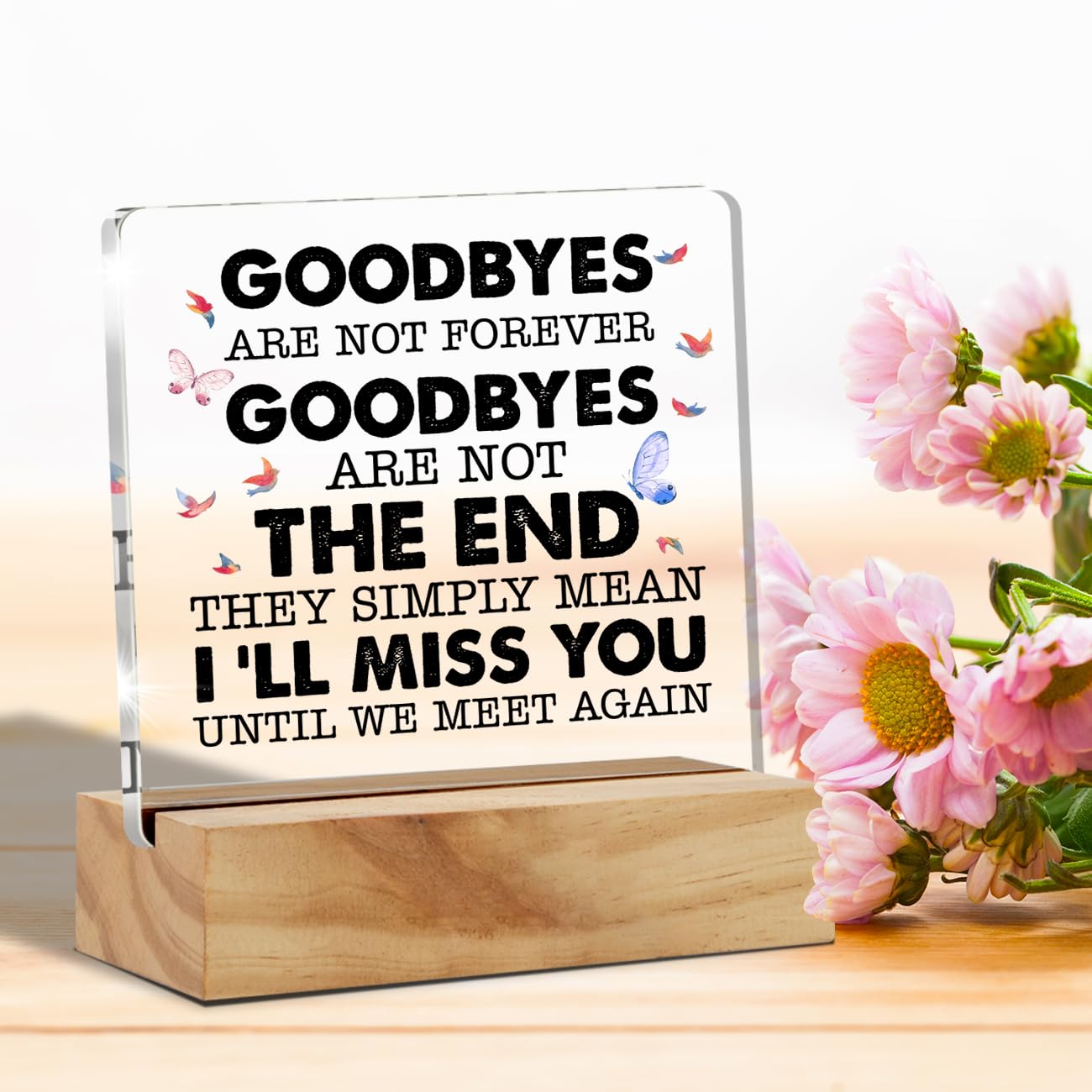 in Loving Memory Gifts for Loss of Loved One, Memorial Quotes Goodbyes Are Not Forever Desk Decor Acrylic Desk Plaque Sign with Wood Stand Home Desk Sign Keepsake Present