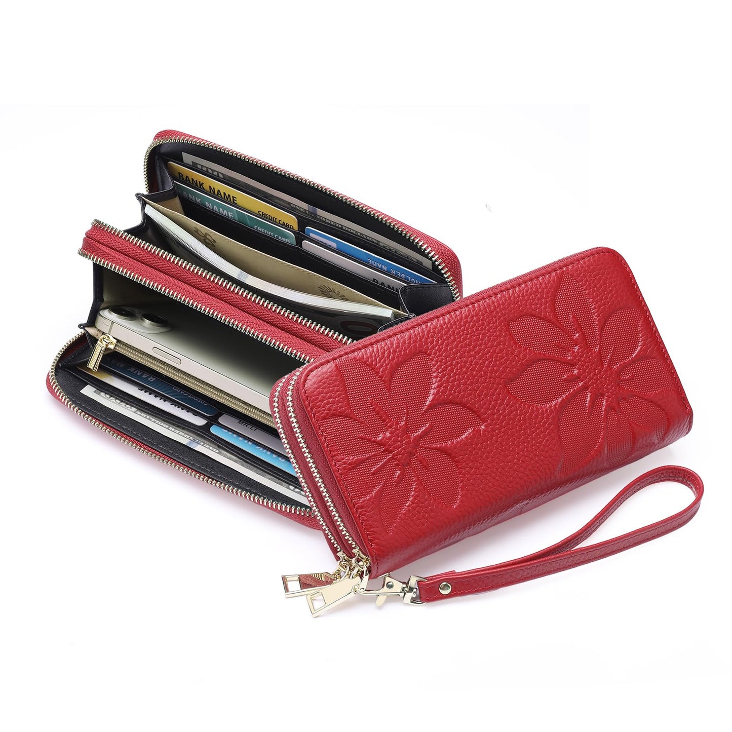 GOIACII Women's Wallet Large Capacity Double Zip Around Credit Card Holder Leather Ladies Wallet with RFID Blocking Phone Wristlet Purse Red