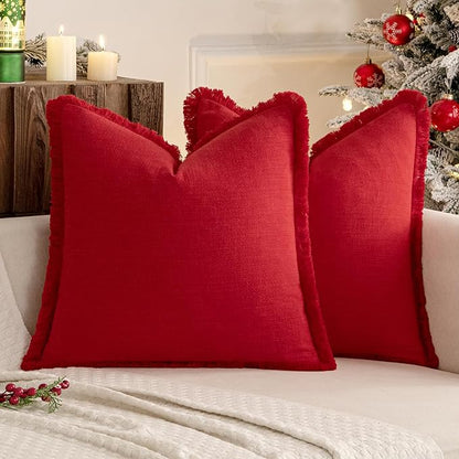 MIULEE Christmas Decorative Throw Pillow Covers Neutral Linen Fringe Throw Pillows Set of 2 Red Boho Farmhouse Cushion Covers with Tassels for Couch Sofa Bed Living Room Spring Home Decor 20x20 Inch