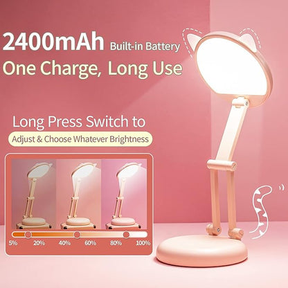 One Fire Cute Desk Lamp Pink Dorm Lamps for College Girls Foldable Portable Rechargeable Dimmable Cute Cat Lamp Kawaii Room Decor,College Dorm Decor for Girls Pink Classroom Essentials