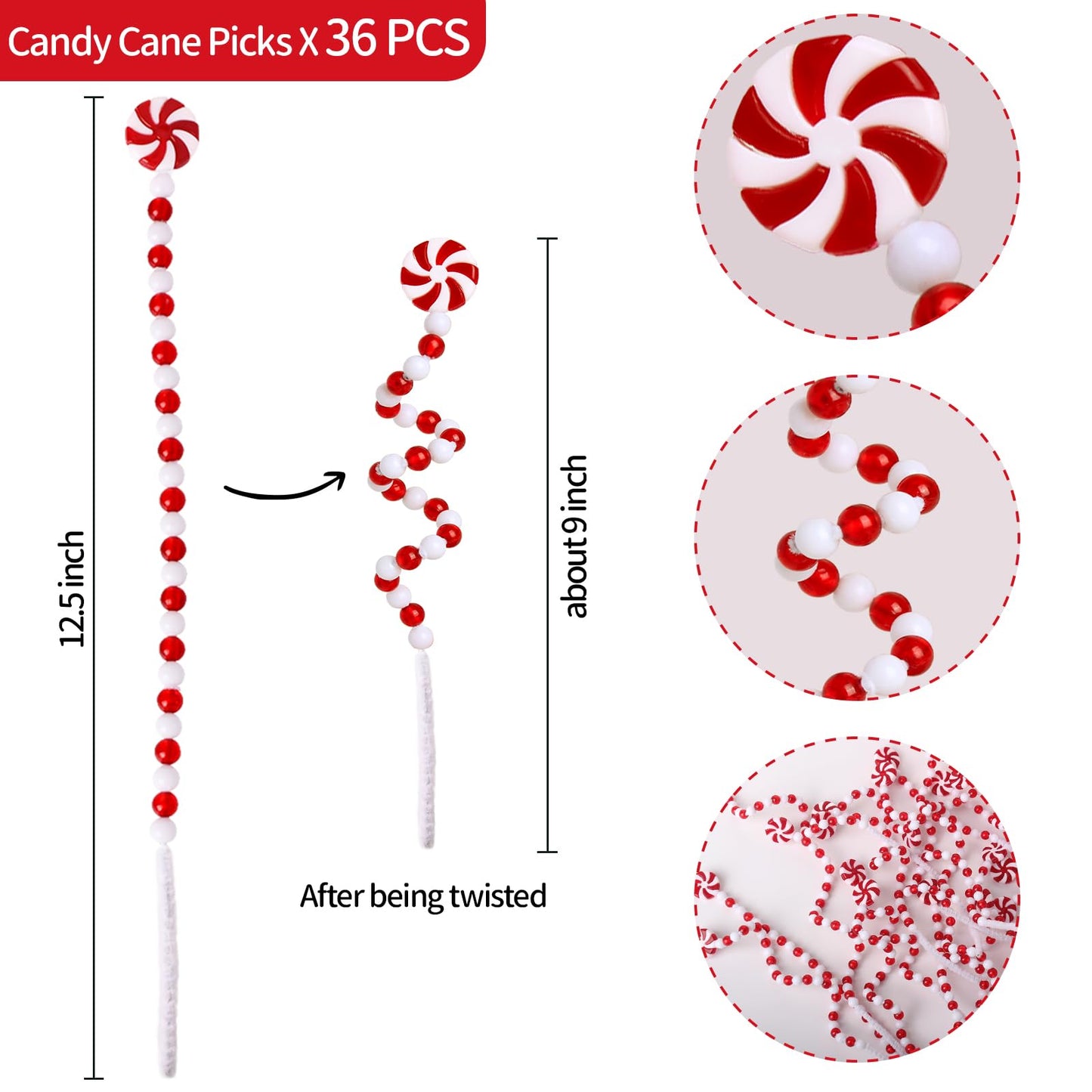 AWHETIE 36 Pcs Candy Cane Christmas Decorations,Red and White Christmas Tree Picks,Candy Cane Ornaments for Christmastree Topper Home Vase Decor Wreath DIY Craft