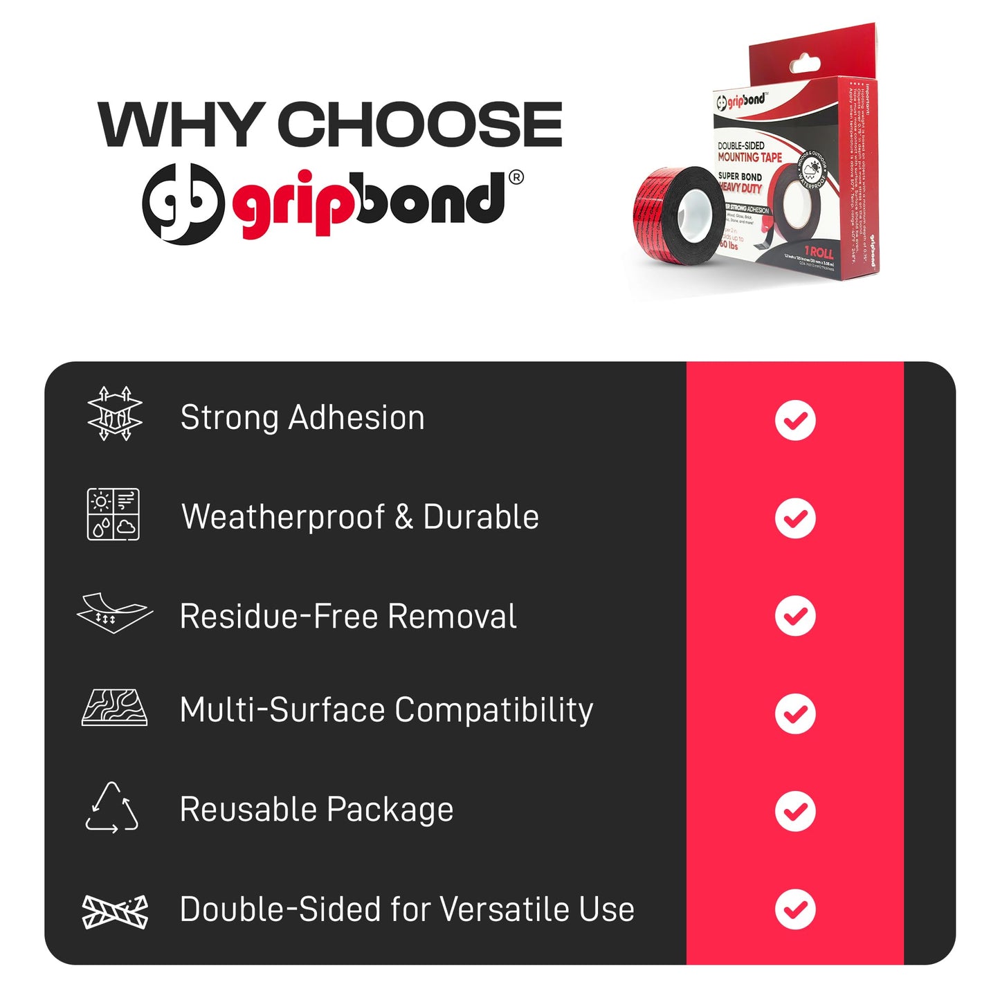 GripBond Black Super Bond Heavy Duty Double Sided Tape, 1 Roll (10 Ft), 1.2” x 120” – Waterproof Adhesive Mounting Tape for Indoor/Outdoor, Walls, Automotive, Car, LED Strip Lights, Home, Office
