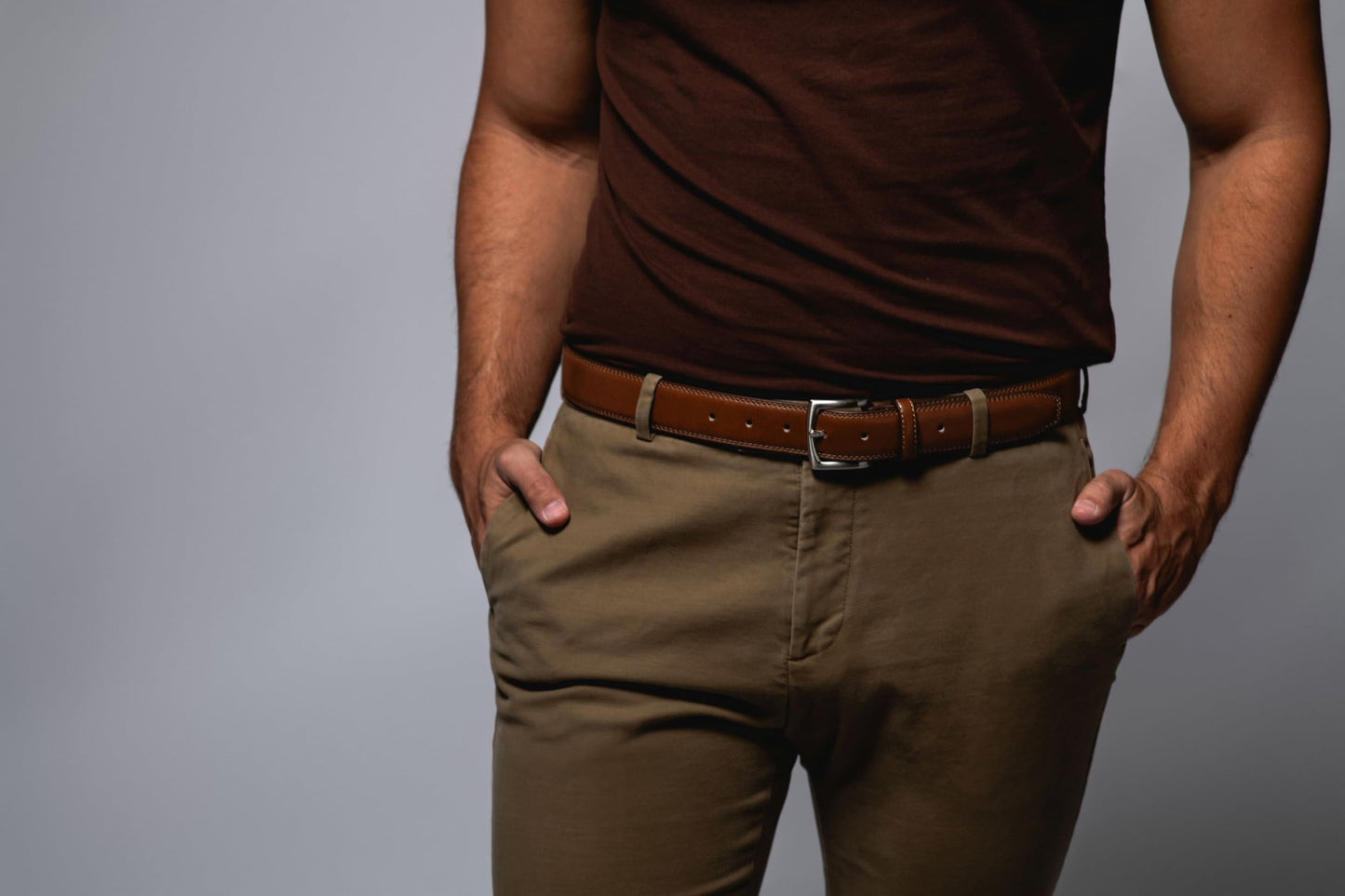 Vince Camuto Belts Men | 32mm Brown Genuine Leather with Edge Stitch Detailing and Nickel Buckle | Size 34