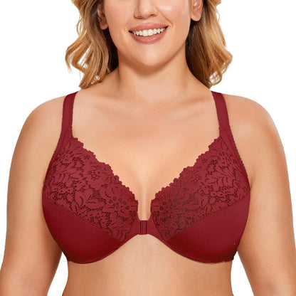 DELIMIRA Women's Front Closure Plus Size Full Coverage Lace Underwire Racerback Bra