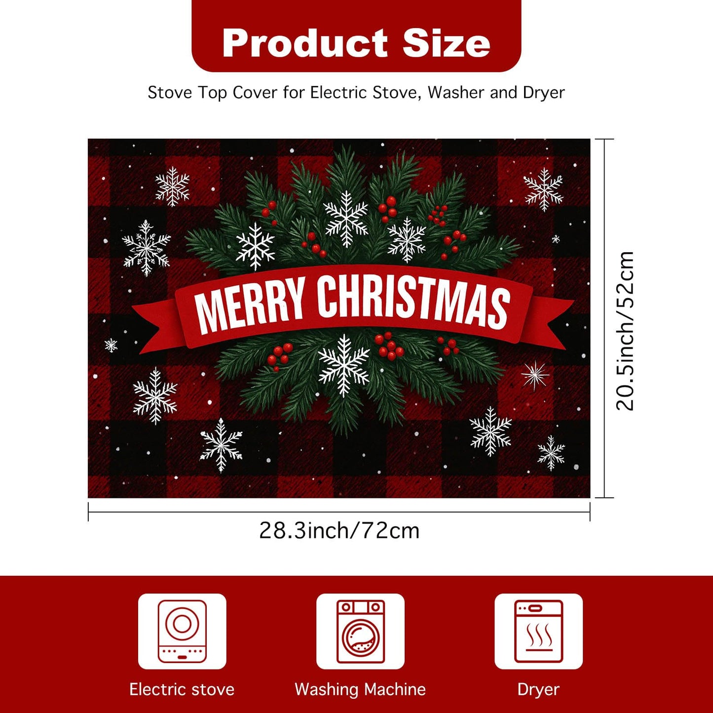 HOMETITUTE Glass Top Stove Cover Christmas Cooktop Protector 28x20 Inch Heat Resistant Silicone Stovetop Mat Holiday Kitchen Counter Cover Buffalo Plaid Snowflake Design