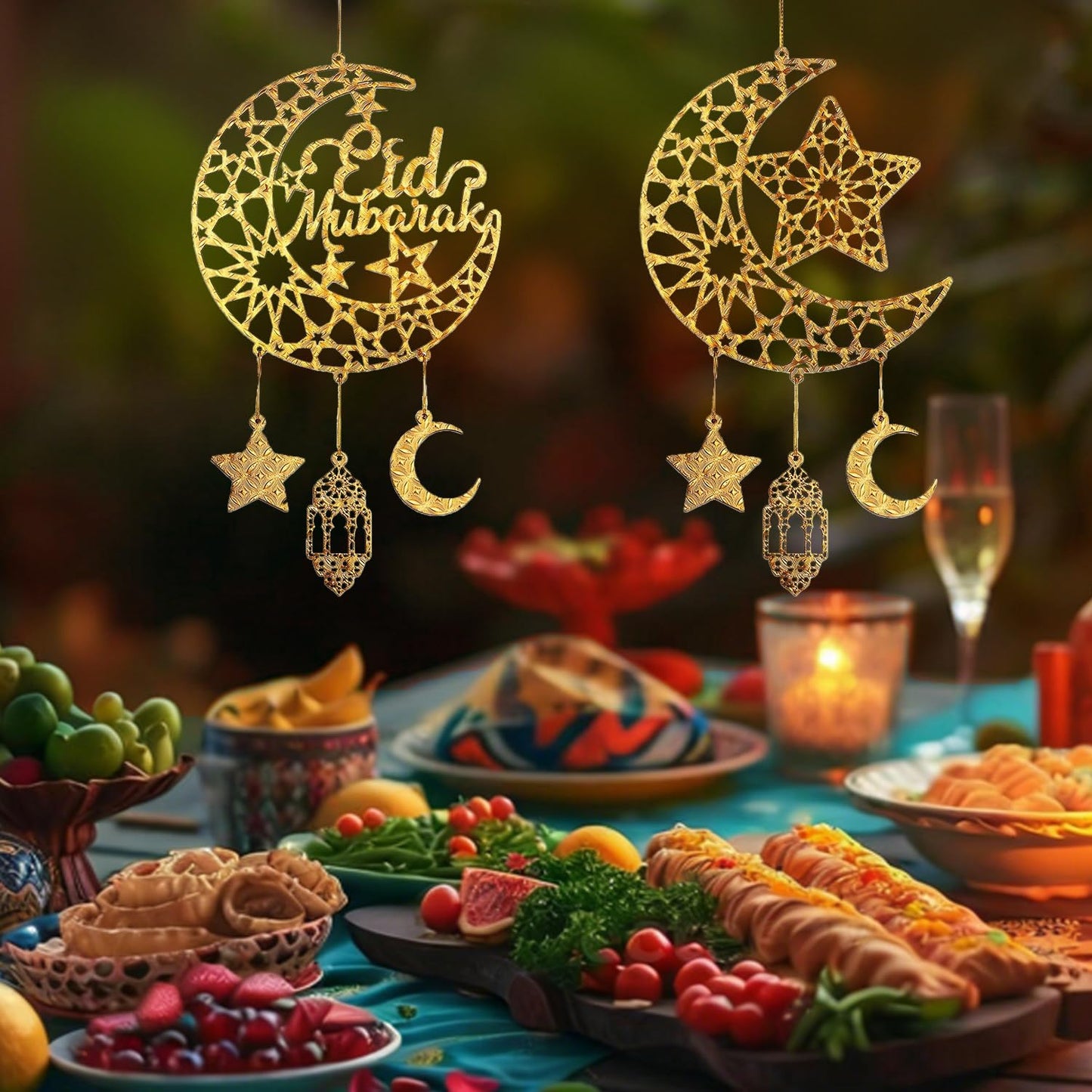 iLifemate Eid Decorations for Home, Eid Mubarak Moon & Star Wooden Hanging Ornaments – Gold Islamic Crescent Moon for Eid al-Fitr Sign, Muslim Home Decor, Eid Gifts, Ramadan Party Wall Door Wreath
