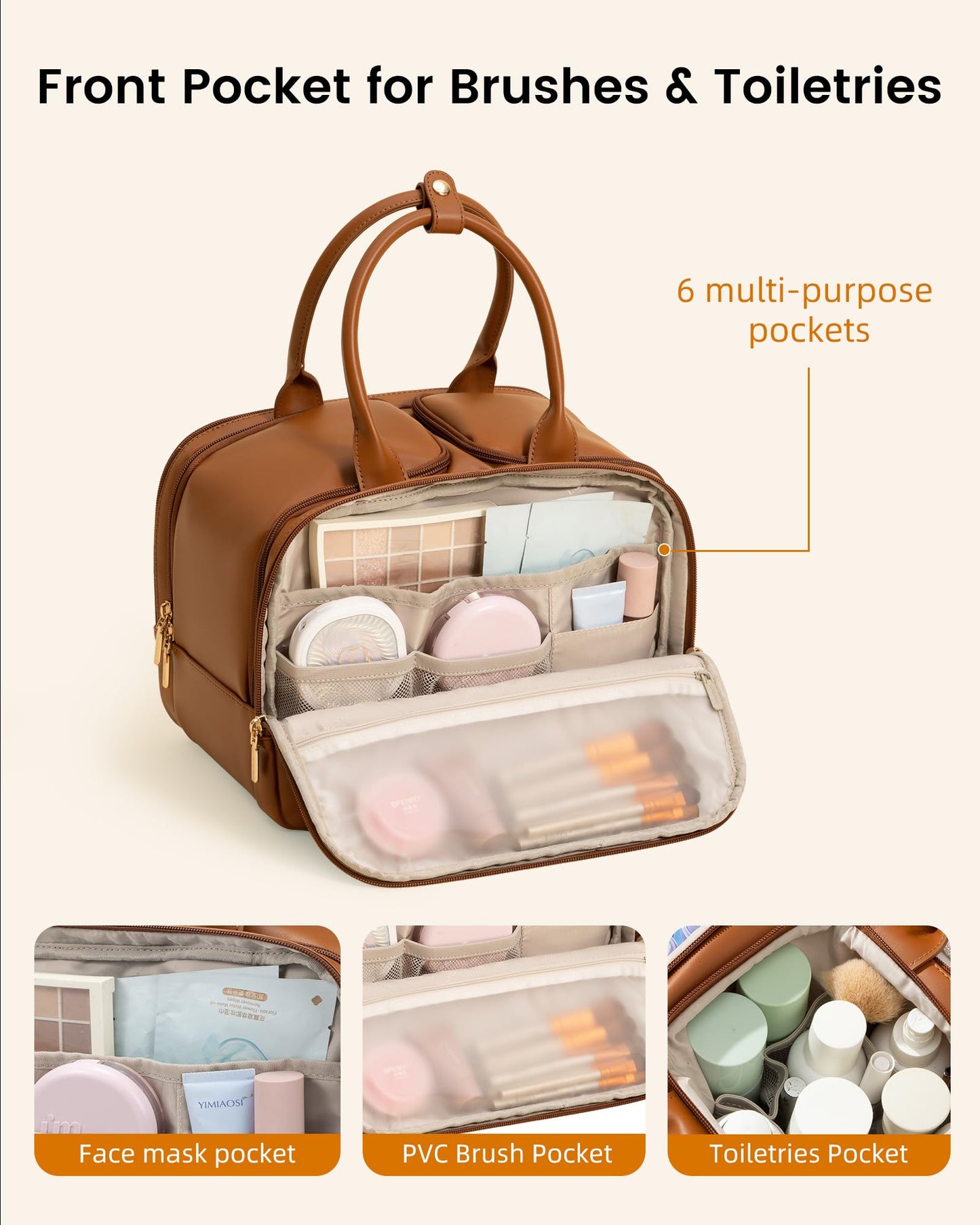 LOVEVOOK Travel Toiletry Bag for women, Leather Large Wide-open Makeup Bag, Waterproof Cosmetic Bag Organizer for Shower, Traveling, Toiletries, Bathroom