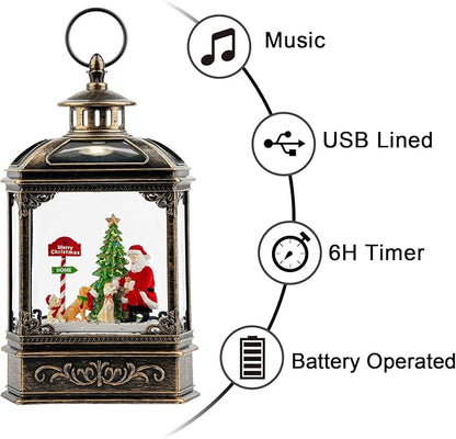 Christmas Snow Globe Lantern Water Glittering Santa Claus & Pups with Music & Timer, USB Lined/Battery Operated Lighted Lantern for Christmas Festival Decoration Gifts
