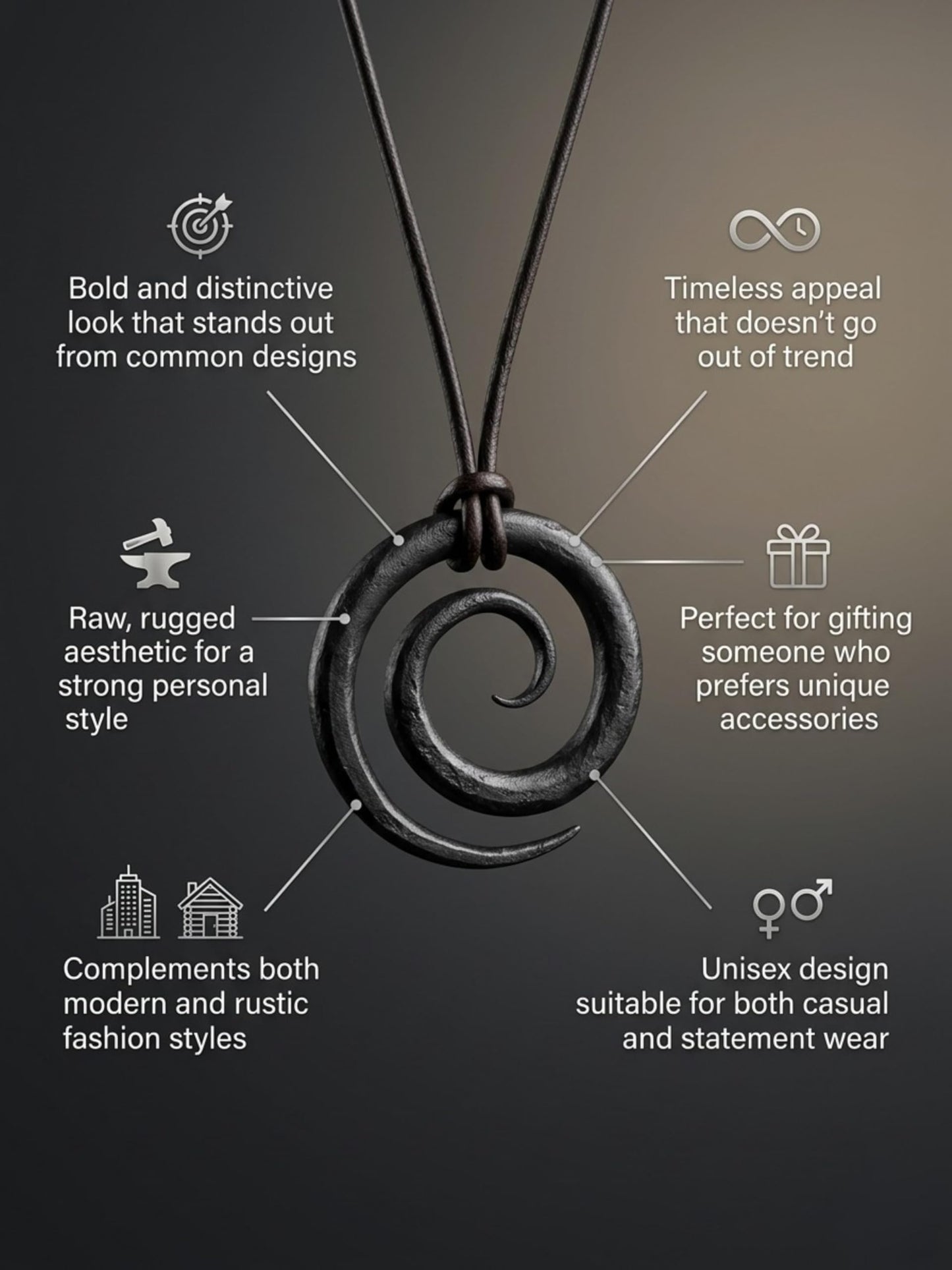 THEREALREYAZ Hand Forged Wrought Iron Celtic Spiral Necklace with Pure Leather Rope | Handmade Rustic Iron Pendant | Adjustable Cord | Unique Artisan Jewelry Gift for Men & Women