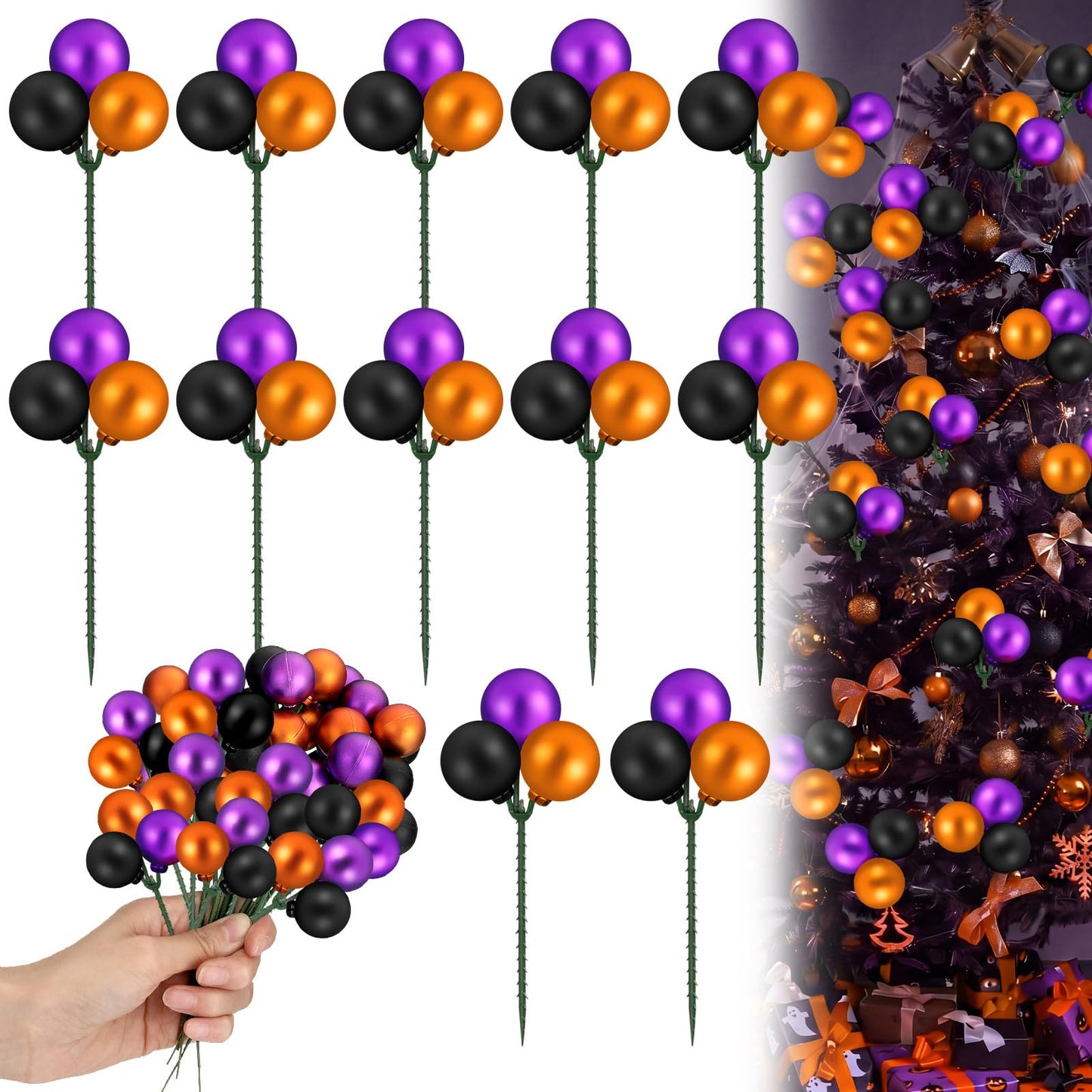 Syhood 12 Set 7.9 Inch Halloween Ball Picks Shatterproof Purple Orange and Black Mini Ball Ornaments on Wired Picks Stems for Halloween Christmas Tree Garland Vase DIY Decoration Supplies