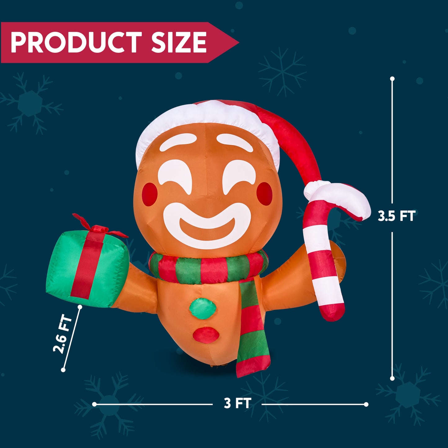 Joiedomi 3.5 FT Christmas Inflatable Gingerbread Man with Gift Box and Candy Cane Broke Out from Window, Blow Up Inflatable with Build-in LED for Window Decor, Xmas Party, Outdoor, Yard, Lawn Decor