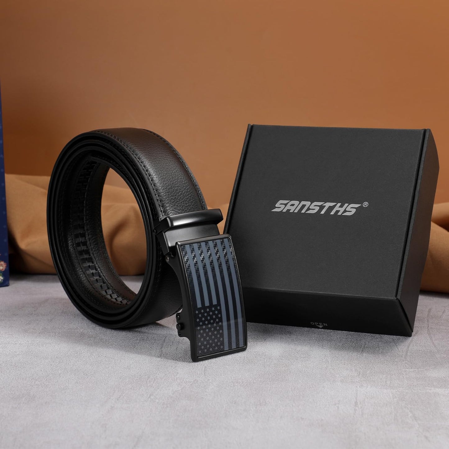 SANSTHS Mens Leather Belts Ratchet Black Dress Belt for Men with Automatic Slide Buckle Everyday Jeans Gift Belt for Him