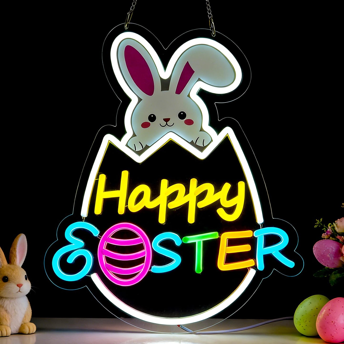 RumonZS Easter Decorations LED Neon Sign 15 In Happy Easter Neon Sign LED Rabbit Egg Window Lights Home Party Indoor Outdoor Wall Bunny Decor Light Up Sign for Bedroom Easter Birthday Party Decor