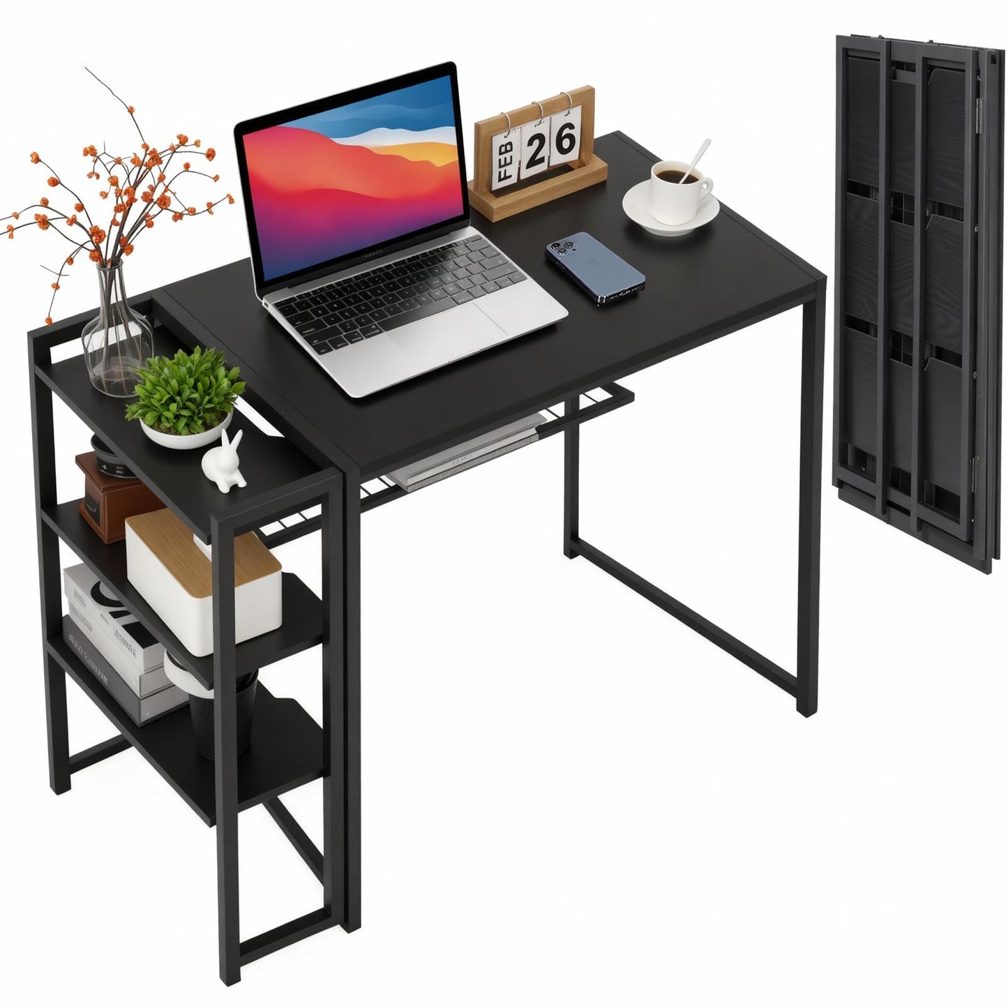 GarveeLife 38.6 inch Folding Desk Writing Computer Desk with Storage Shelf,Spaces Saving Writing Sturdy Table No Assembly,for for Bedroom, Home Office, Dorm, Apartment, Black