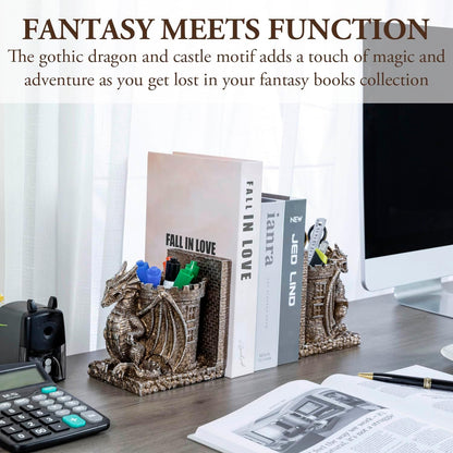 MyGift Gothic Brown Resin Dragon Guarding Castle Pencil Cup Bookends, Office Desk Book Ends with Decorative Fantasy Dragons and Stone Tower Pen Holders, 1 Pair