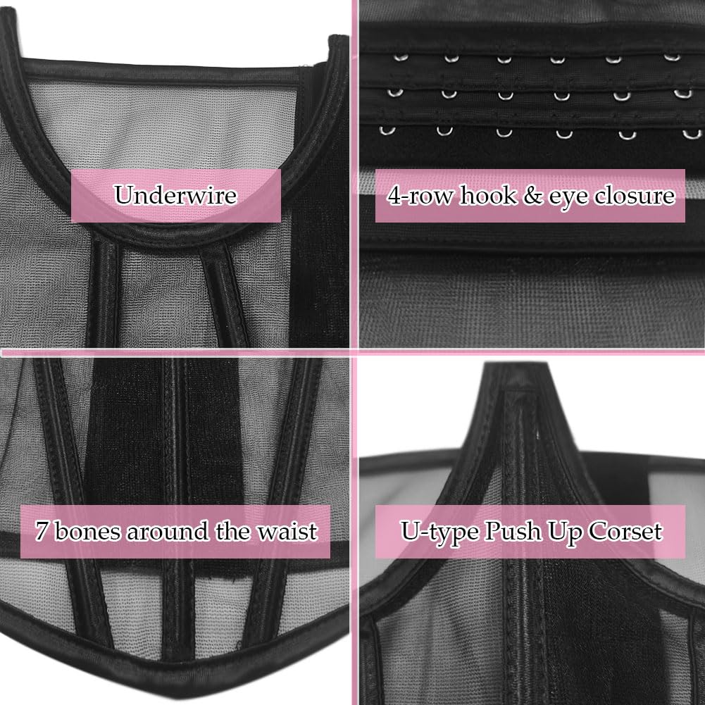 TOPMELON Black Corset Belt Waist Cincher Boned Mesh Underwire Short Torso Underboob Corset XL