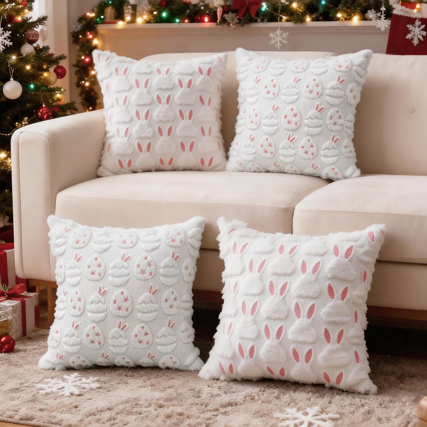 HDVUHKI Easter Throw Pillow Covers 18x18 inch Set of 4, White Pink Bunny Eggs Holiday Living Room Soft Fluffy Plush Faux Fur Wool Decorations for Sofa Couch Bed