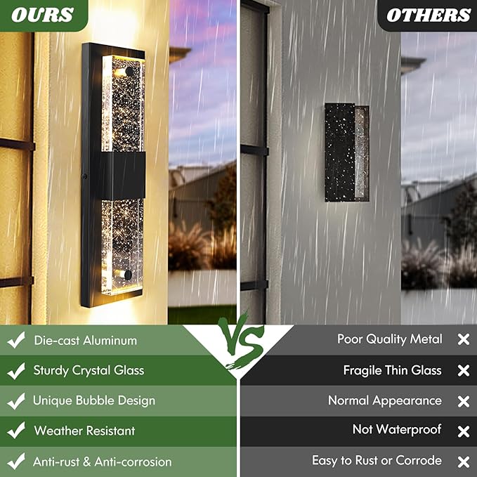 Large Size Outdoor Wall Light Fixtures with Crystal Bubble Glass, Waterproof Exterior Sconces LED Wall Lanterns, Porch Lights Wall Mounted 10W 3000K Outside Lights for House Front Door Garage Entryway