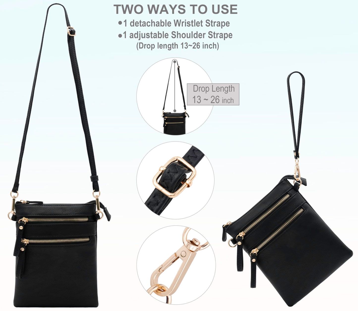 Solene Women's Faux Leather Organizer Multi Zipper Pockets Handbag With Detachable Wristlet Crossbody Bag-WU002(Black)