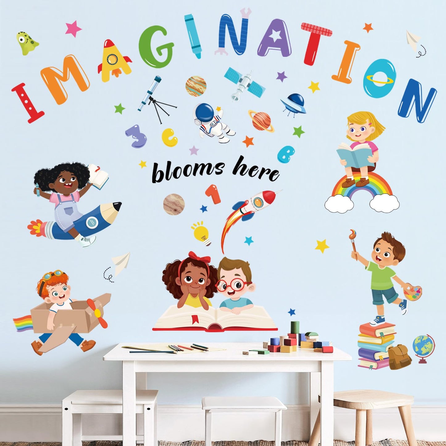 wondever Kids Inspirational Quotes Wall Decals Imagination Blooms Here Reading Corner Education Peel and Stick Wall Art Stickers for School Classroom Kids Room