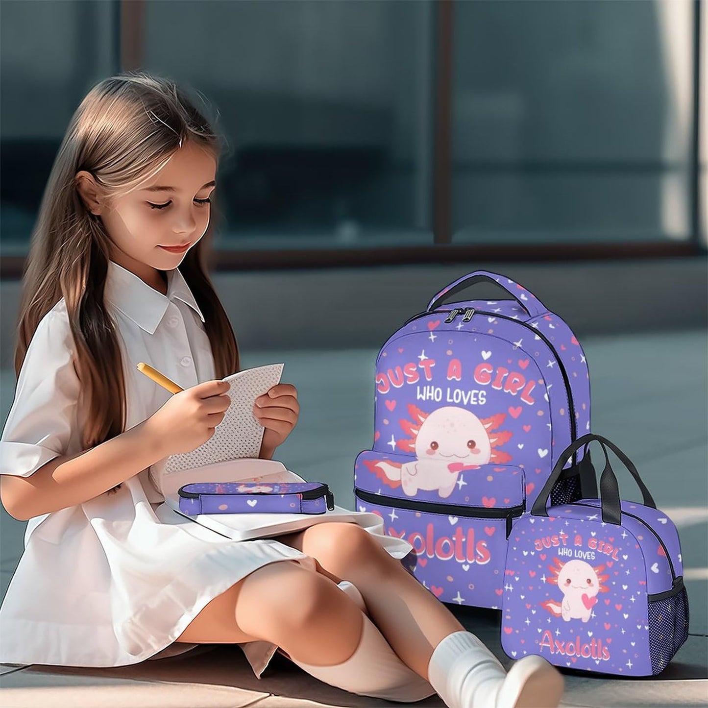 PAKKITOP Girls Backpack with Matching Lunch Box - Axolotl Backpacks with Lunch Bag Pencil Case Combo for Kids - Cute Purple Bookbag and Pencil Case Bundle - Cartoon School Supplies