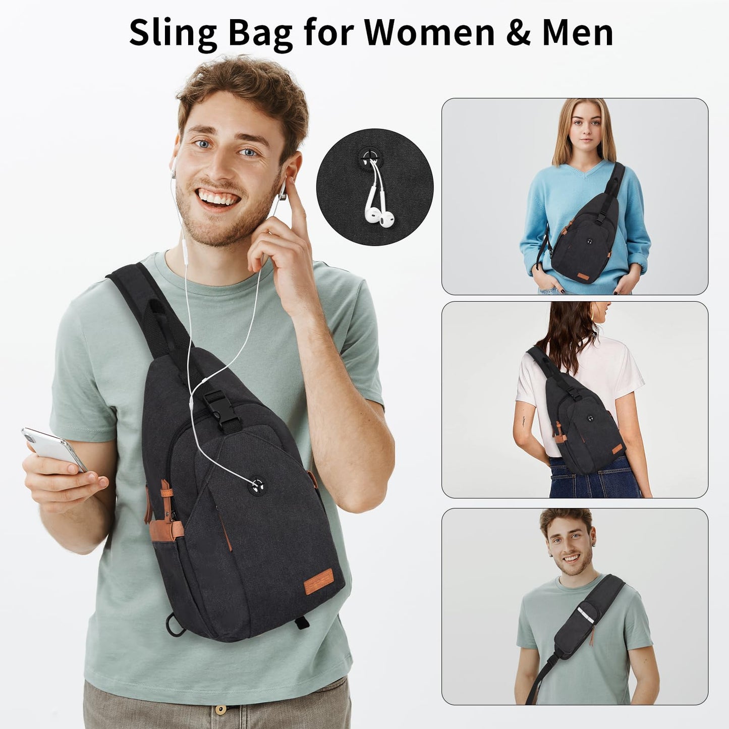 OSOCE Sling Bag for Men, Anti Theft Crossbody with Tunnel Lock, Waterproof Canvas Shoulder Backpack for Travel Hiking Daily