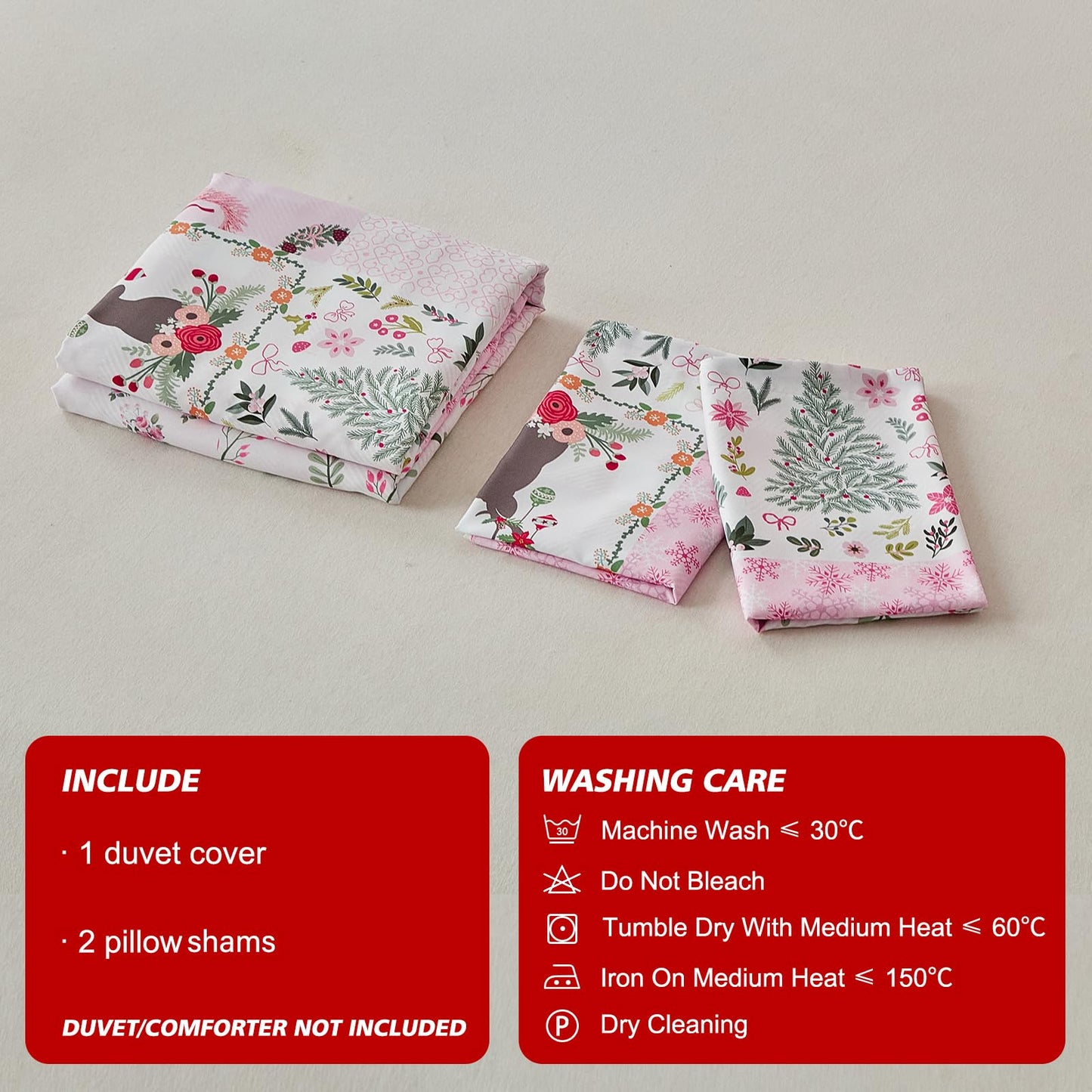 Joyreap 3pcs Christmas Duvet Cover Set King, Pink n White Xmas Patchwork Design Comforter Cover Set, Includes 1 Duvet Cover and 2 Pillow Shams